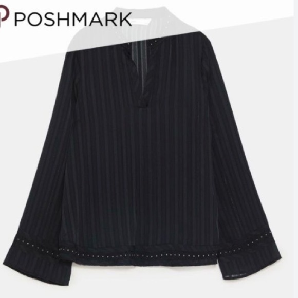 Zara Z1995 DENIM Black Striped Top Small See Through Embellishment Jewel Career - Picture 12 of 13